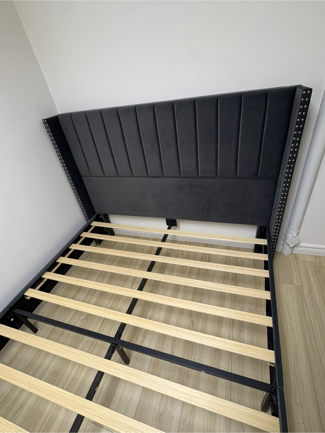 Velvet Wingback Bed Frame with Studs - Dark Grey - photo 3