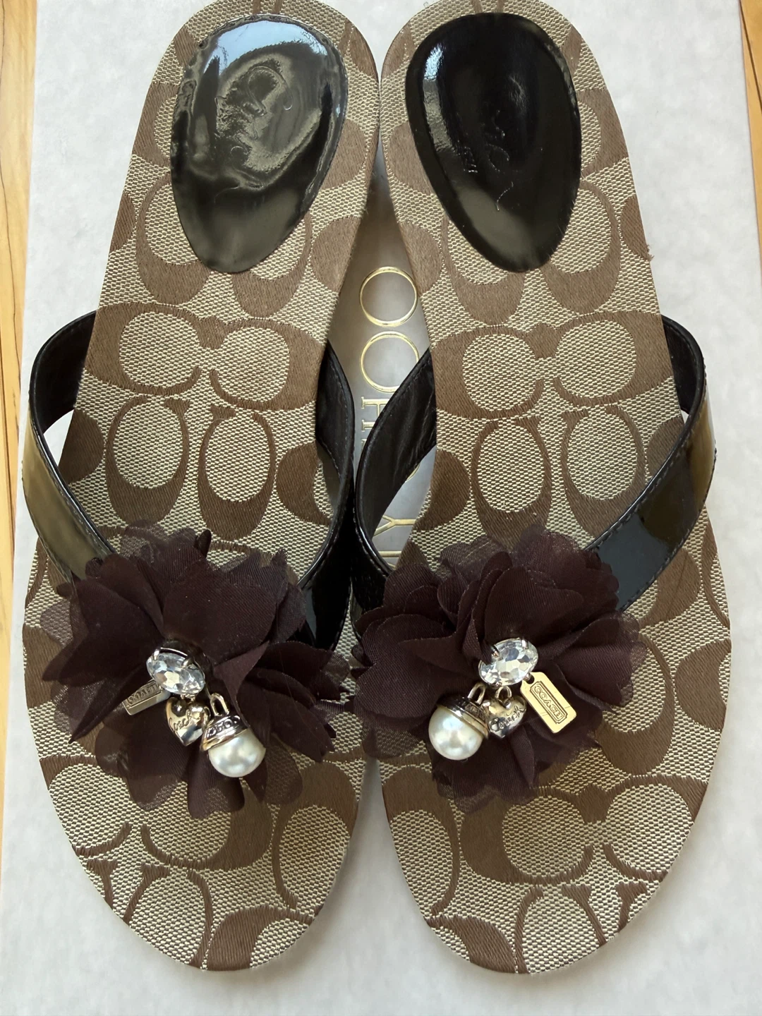 Coach Flip Flops - Brown Monogram with Embellishments