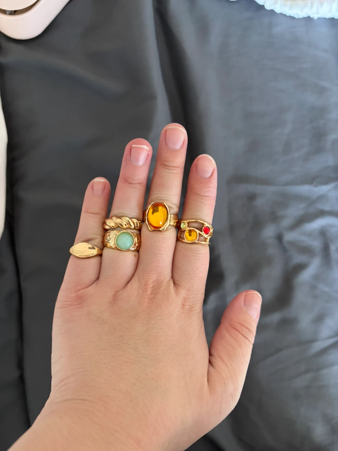 Brand new - Set of 5 Gold-Tone Adjustable Rings with Gemstones