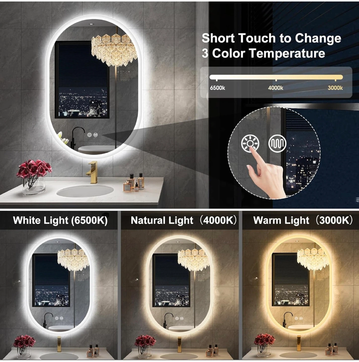 Oval LED Bathroom Mirror with Defogger and 3 Color Temperatures - photo 4