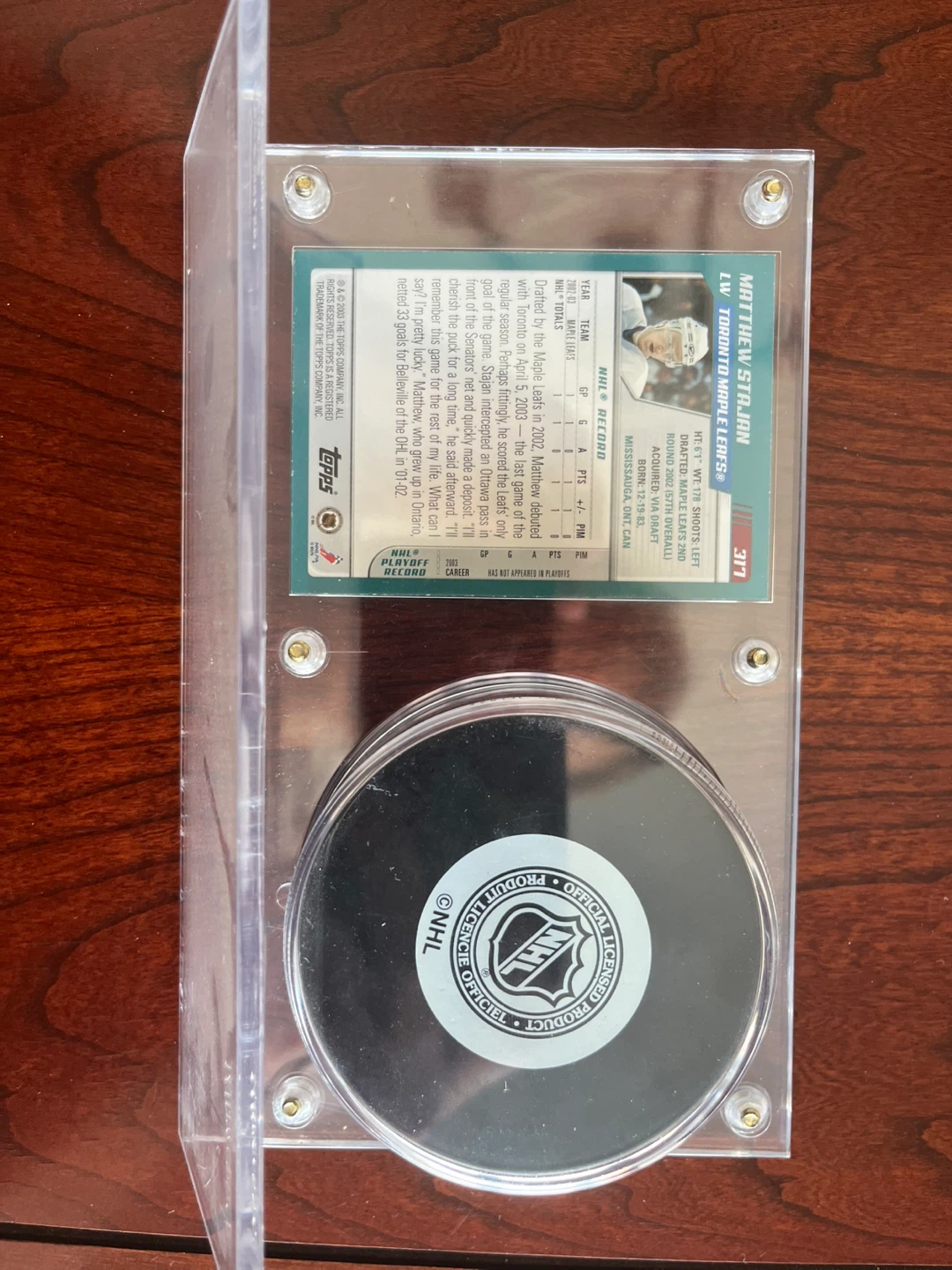 Matthew Stajan autographed puck, stand and hockey card - photo 2