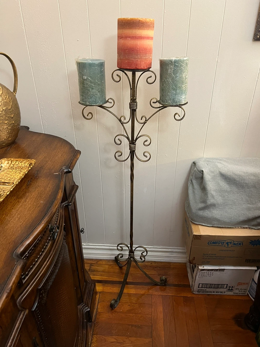 Vintage Metal 3-Candle Candelabra with Pillar Candles