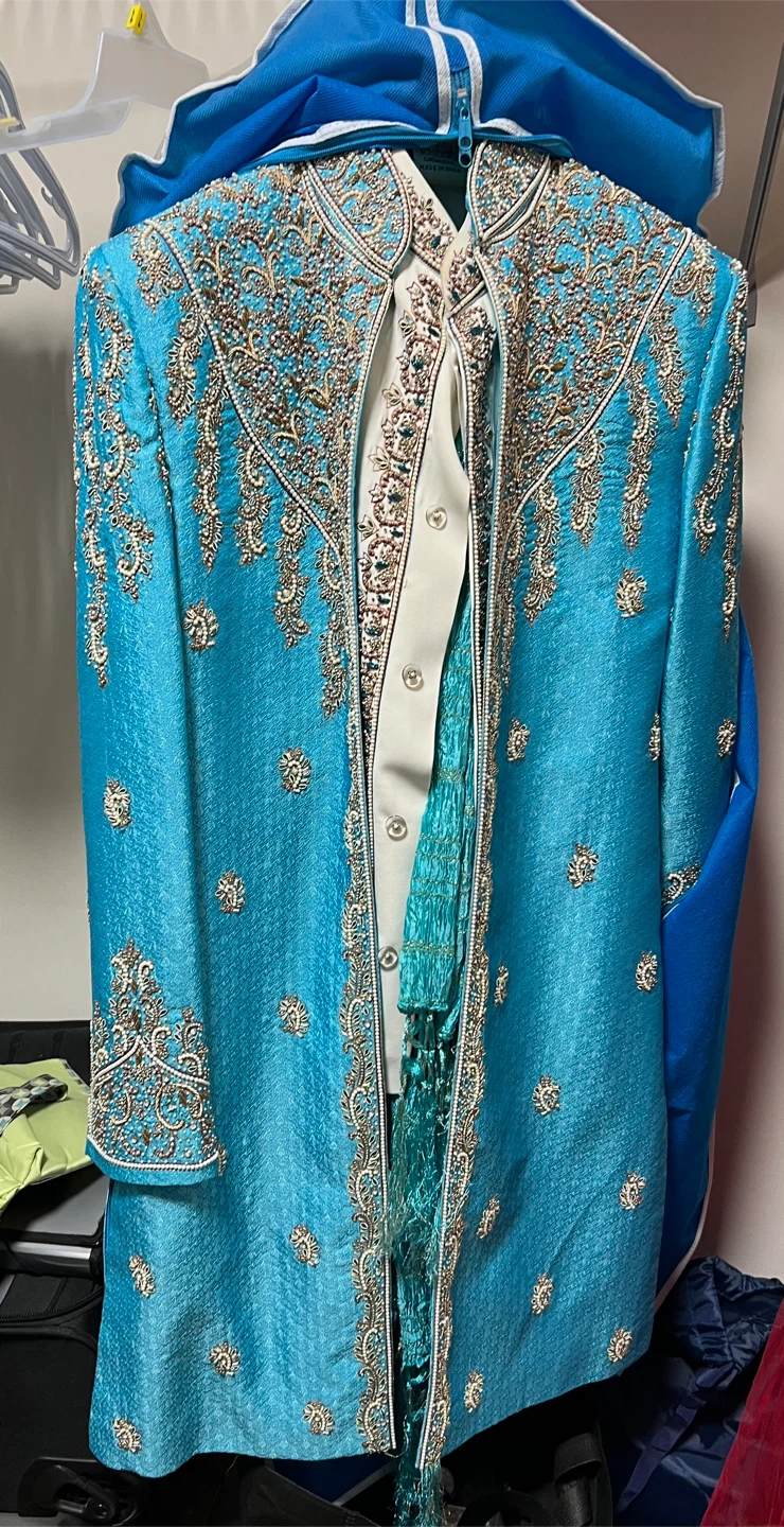 Turquoise Sherwani with Gold Embroidery