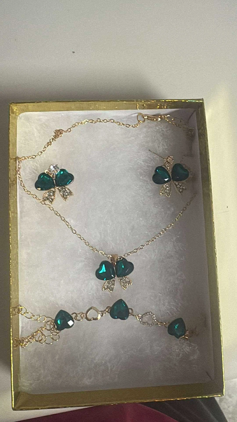 Green Heart and Bow Jewelry Set Necklace Bracelet Earrings - photo 3