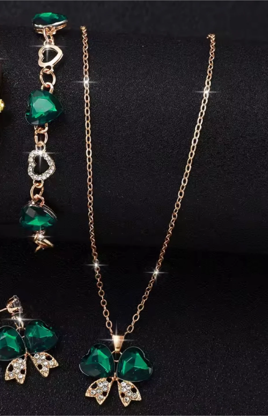 Green Heart and Bow Jewelry Set Necklace Bracelet Earrings - photo 2