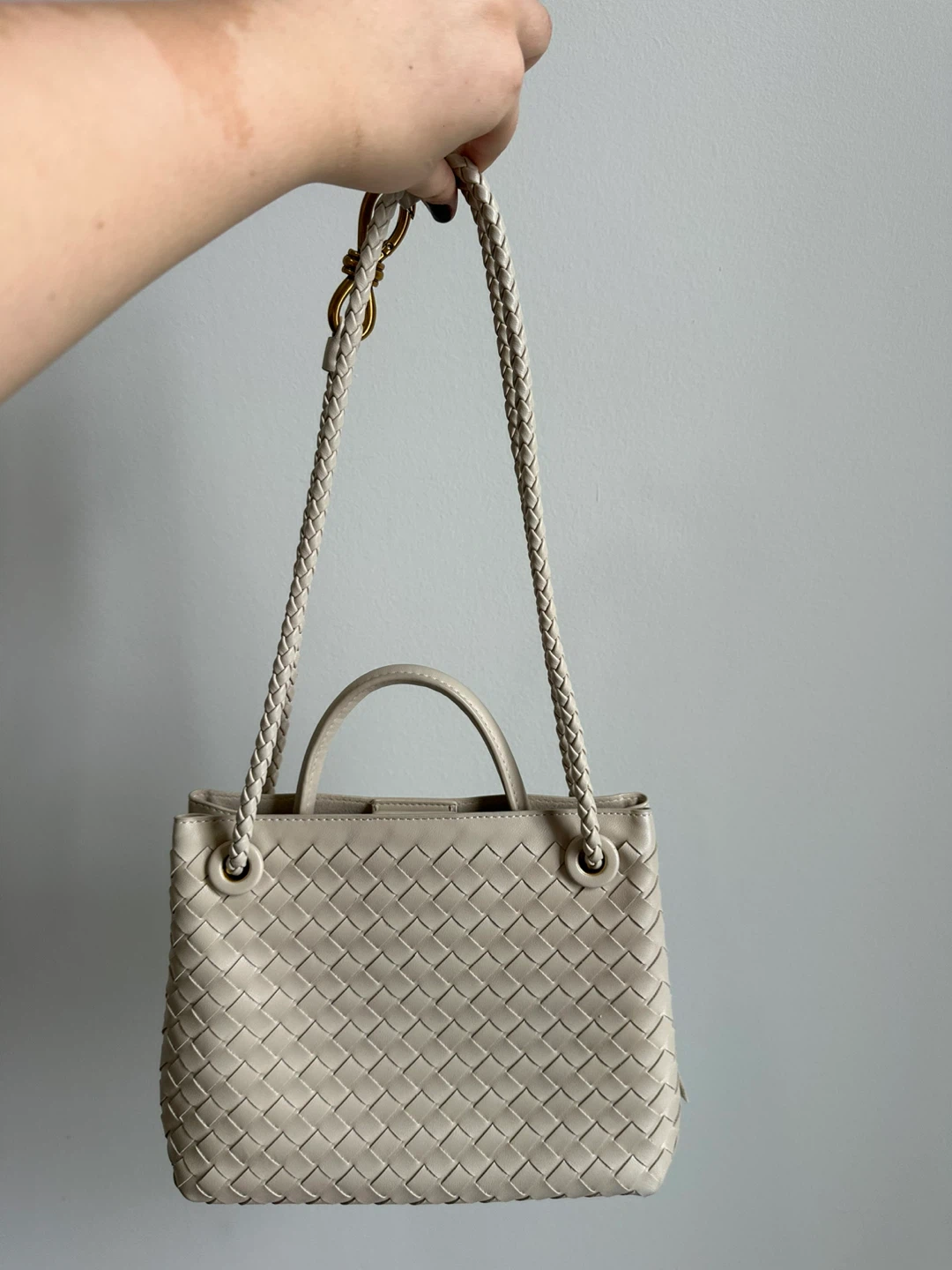White Woven Leather Top Handle Bag