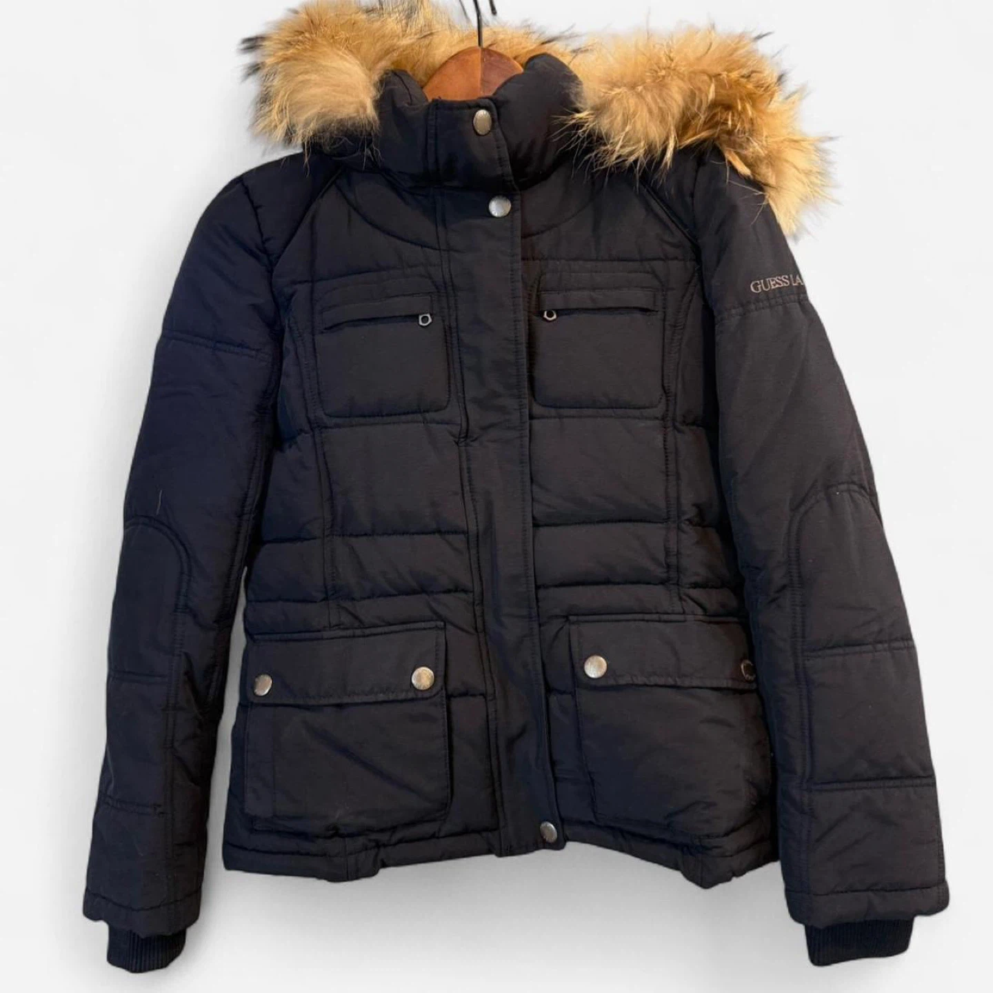 Guess L.A. CA 1981 Black Puffer Jacket with Fur Hood