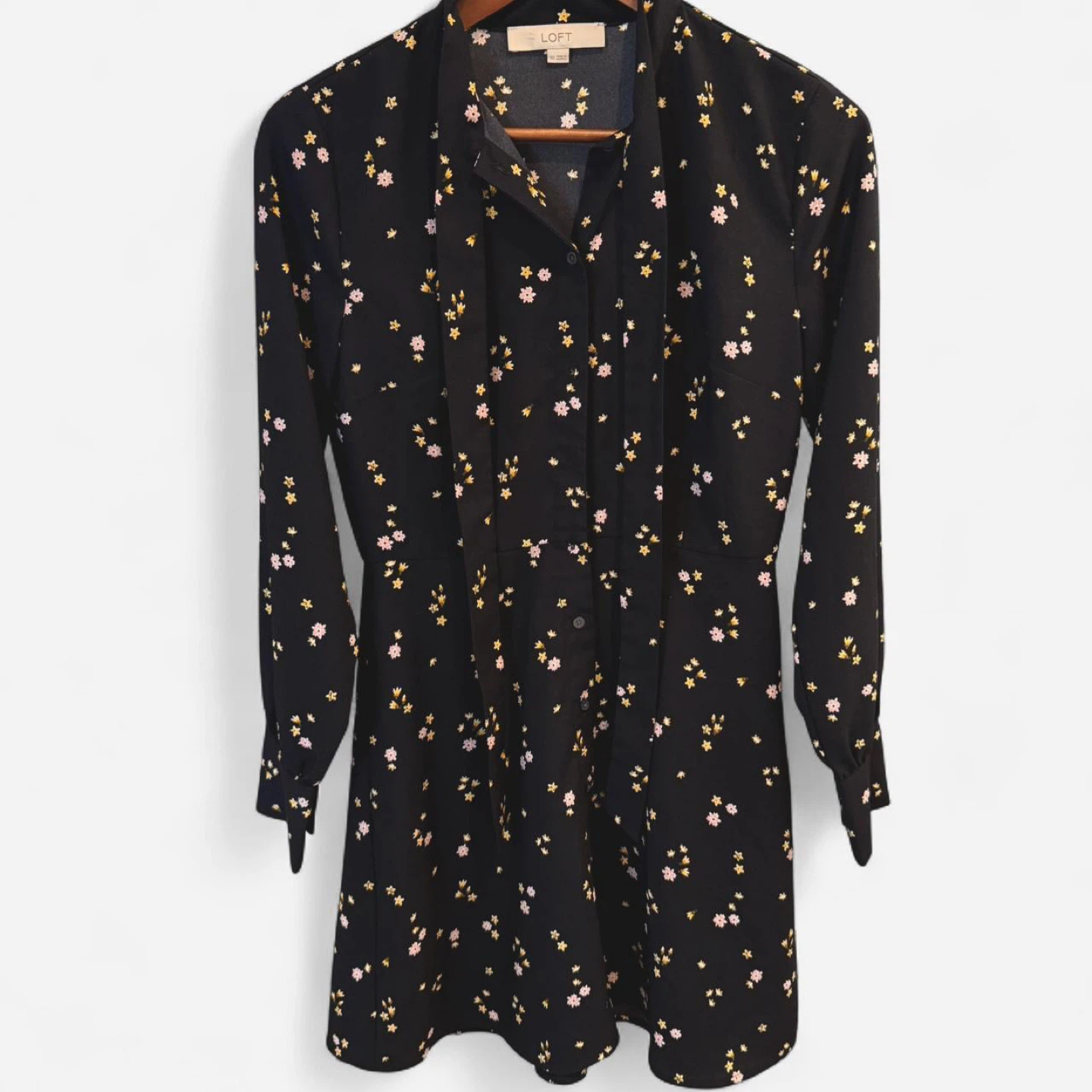 LOFT Black Floral Print Tie Neck Dress - Size 00 - photo 2