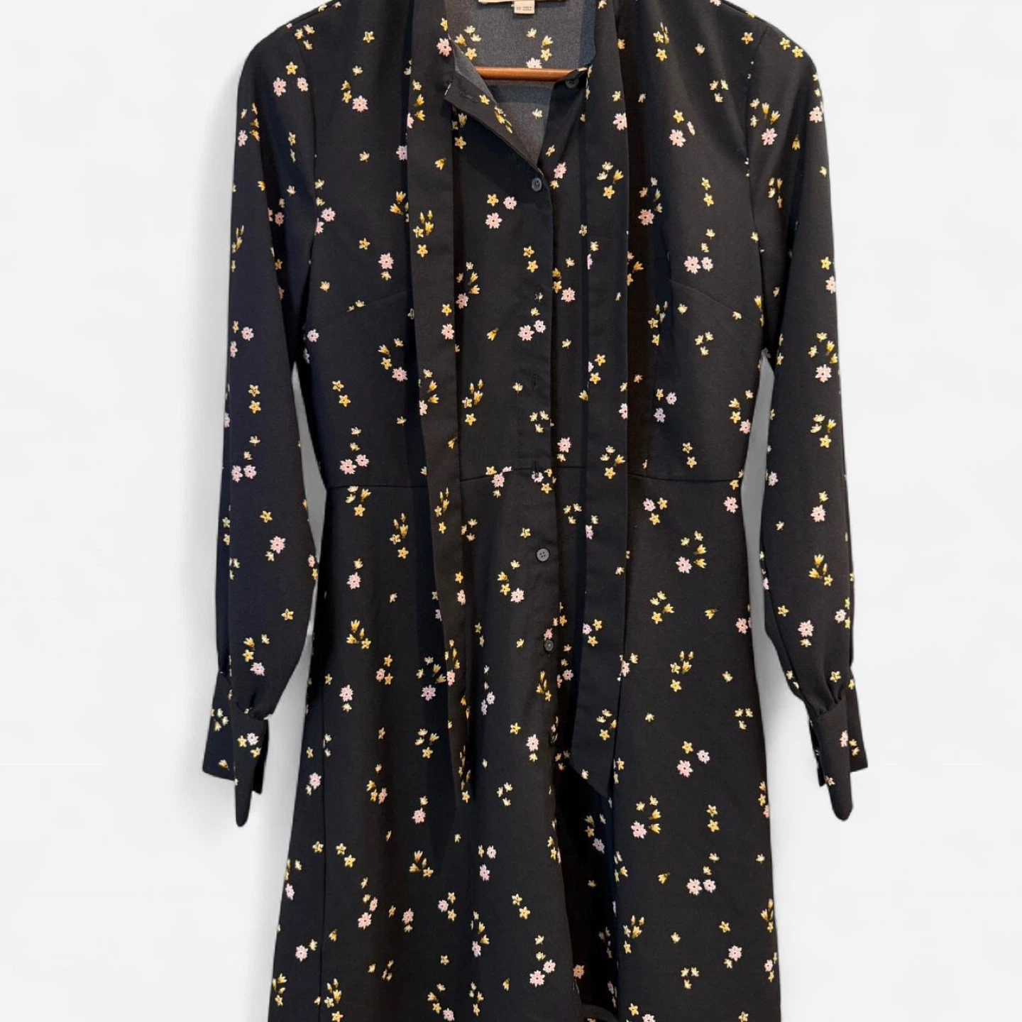 LOFT Black Floral Print Tie Neck Dress - Size 00