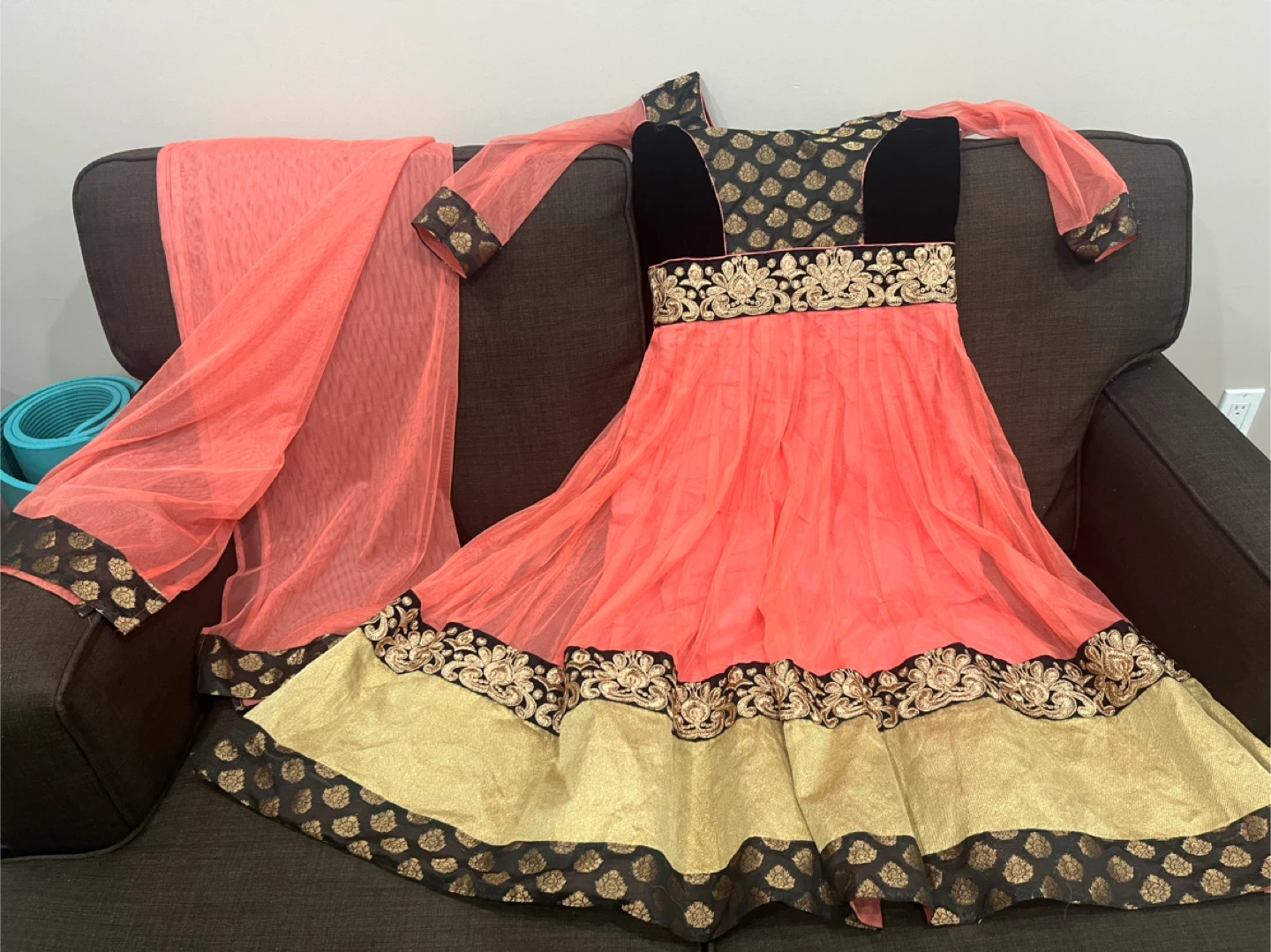Girls' Coral & Gold Embroidered Anarkali Dress with Dupatta