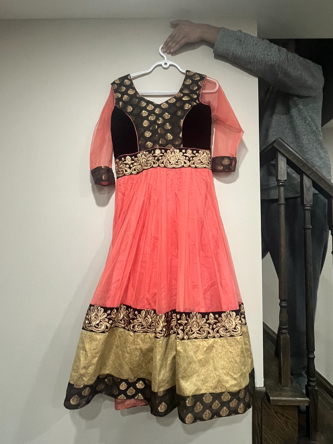 Girls' Coral & Gold Embroidered Anarkali Dress with Dupatta - photo 3