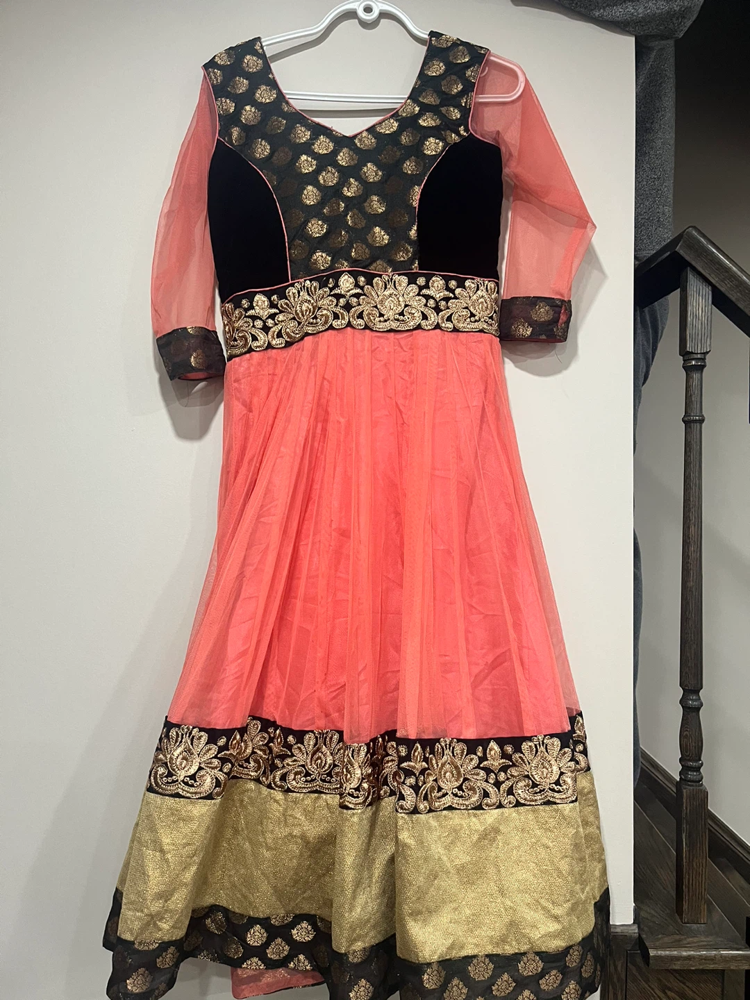 Girls' Coral & Gold Embroidered Anarkali Dress with Dupatta - photo 2