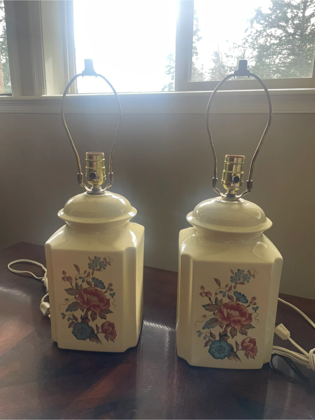 Pair of Pale Yellow Ceramic Table Lamps with Floral Design