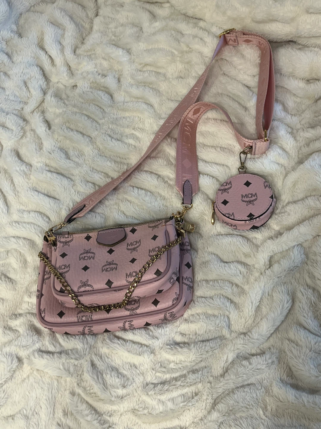 MCM Pink Monogram Crossbody Bag with Coin Pouch