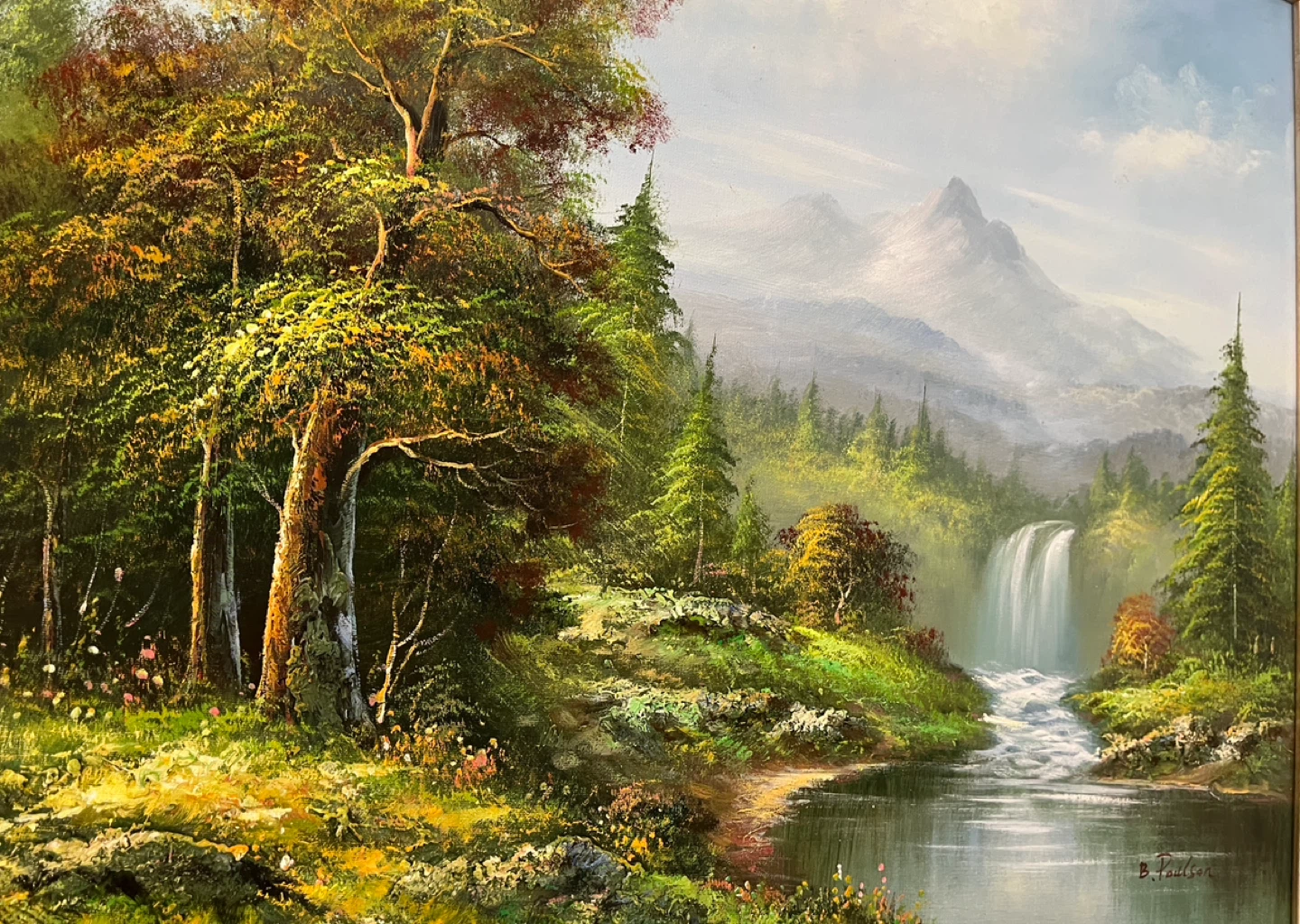 Framed Landscape Oil Painting of Waterfall - photo 3