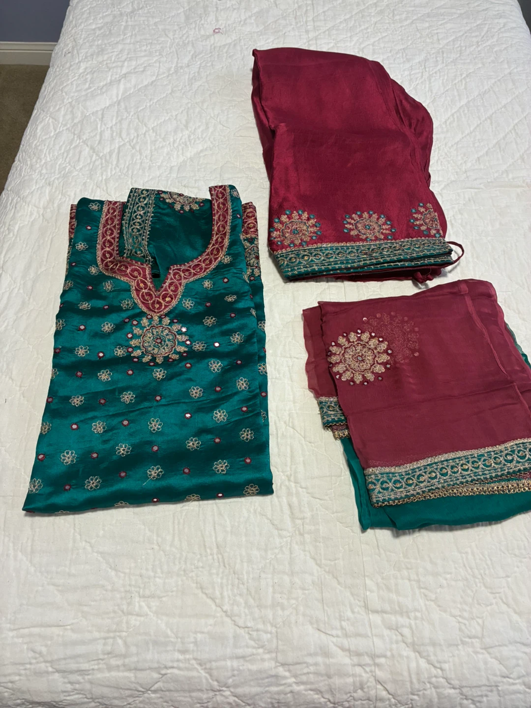 Teal Embroidered Kurti with Pink Pants and Dupatta