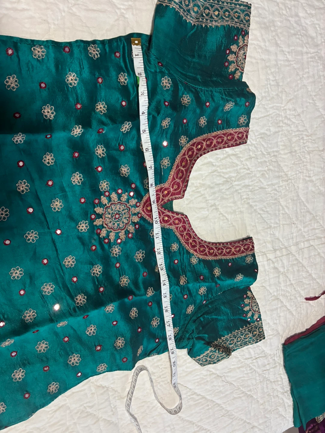 Teal Embroidered Kurti with Pink Pants and Dupatta - photo 3