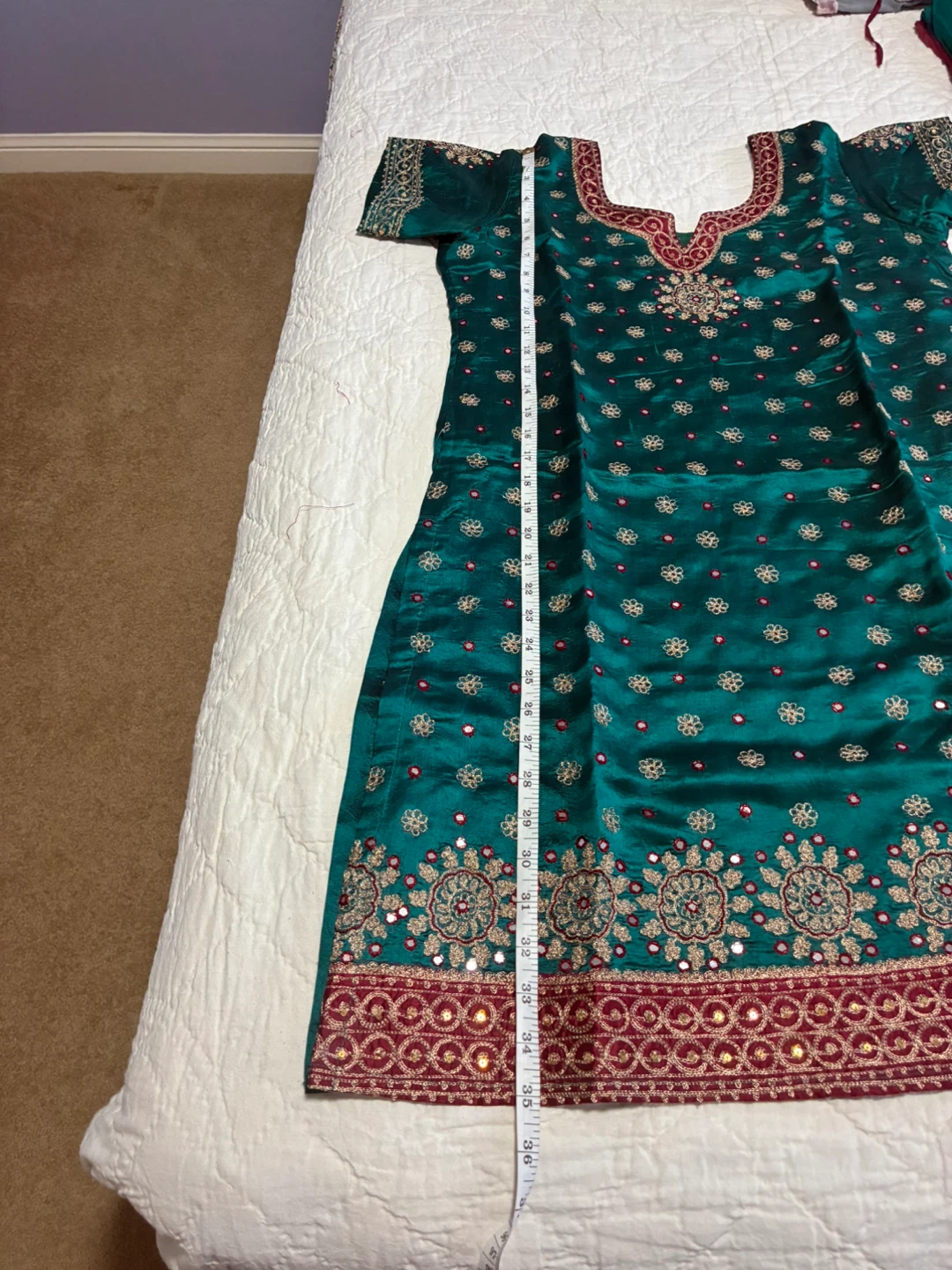 Teal Embroidered Kurti with Pink Pants and Dupatta - photo 2