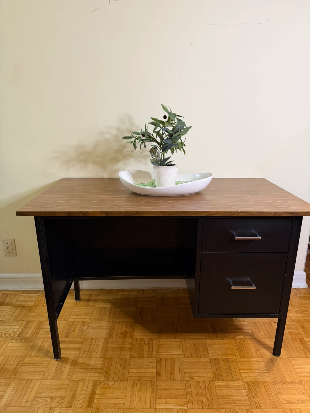 Vintage Metal Desk with Wood Grain Top