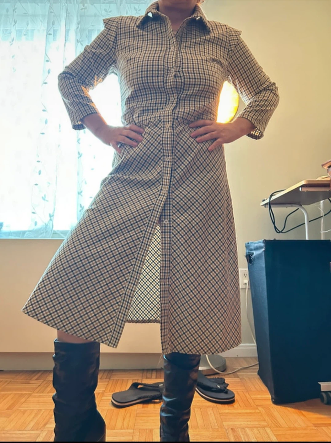 Vintage Plaid Button-Up Midi Dress