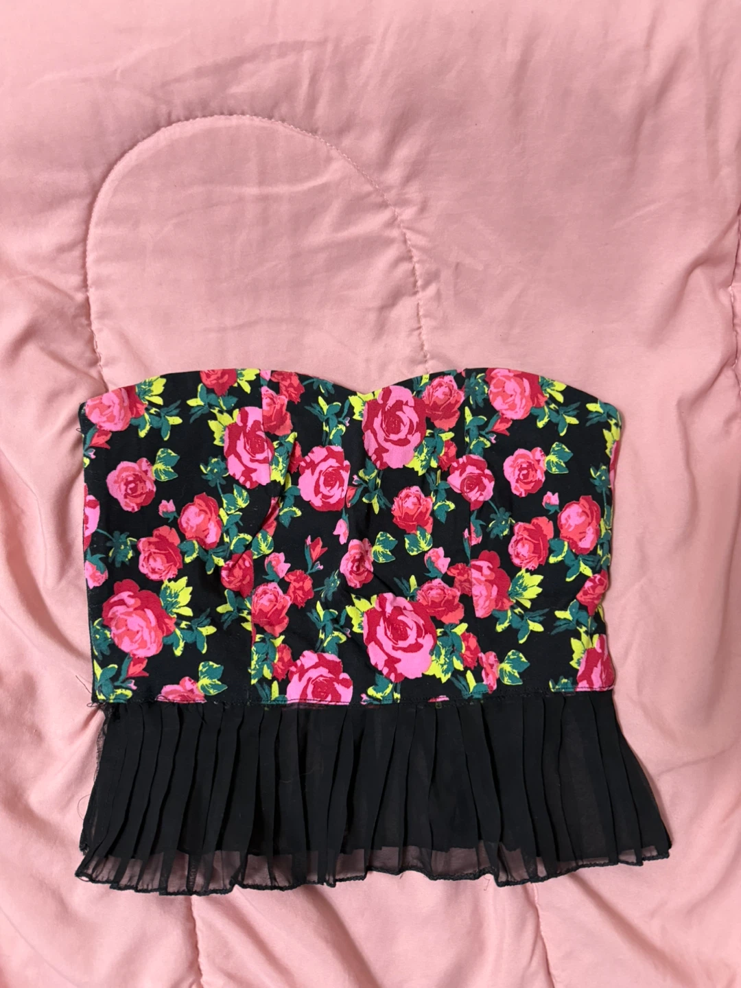 Strapless Rose Print Top with Black Ruffle Trim