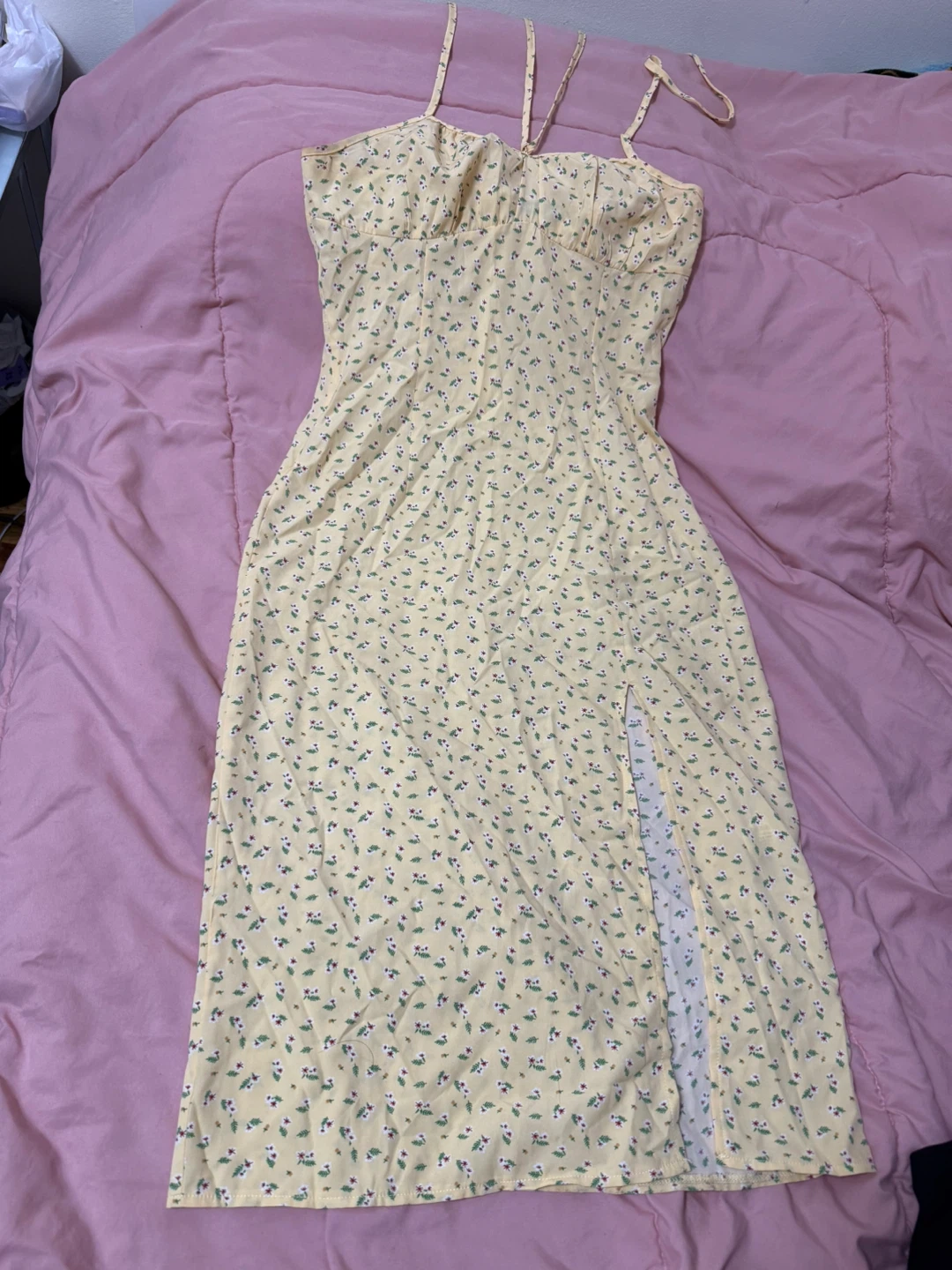 Yellow Floral Midi Dress with Slit