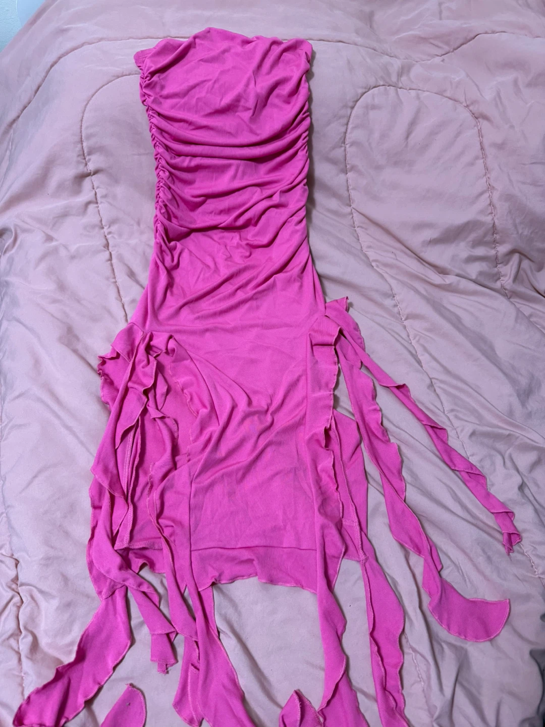 Pink Ruched Strapless Dress with Tassel Details