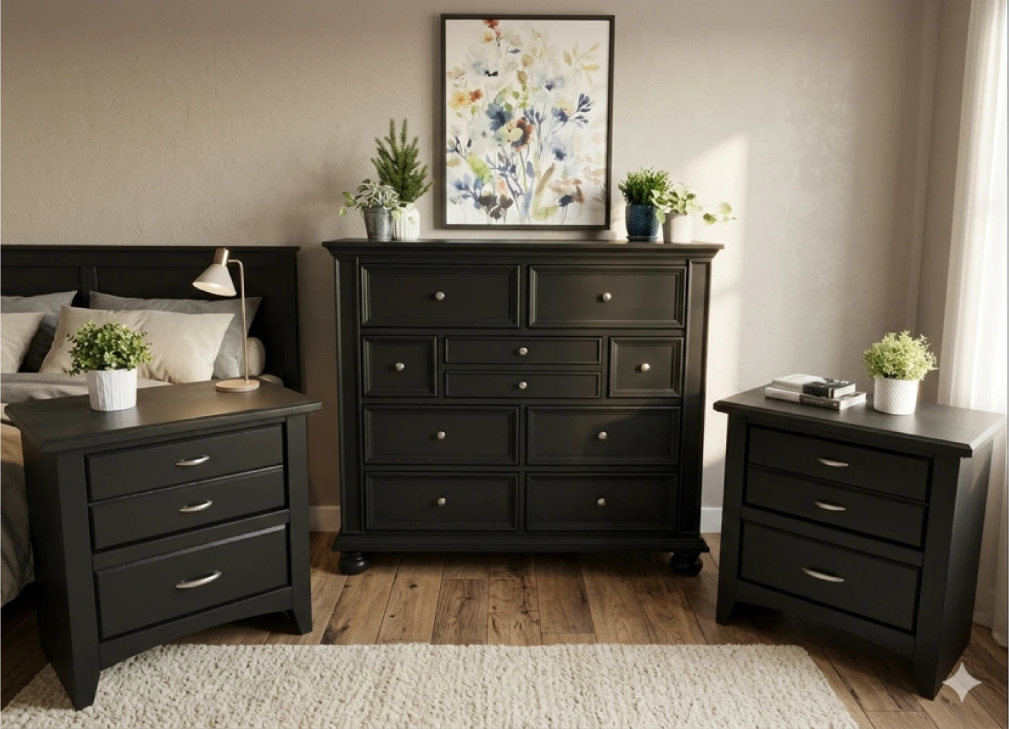 Hardwood Black Bedroom Set Dresser & King Nightstands