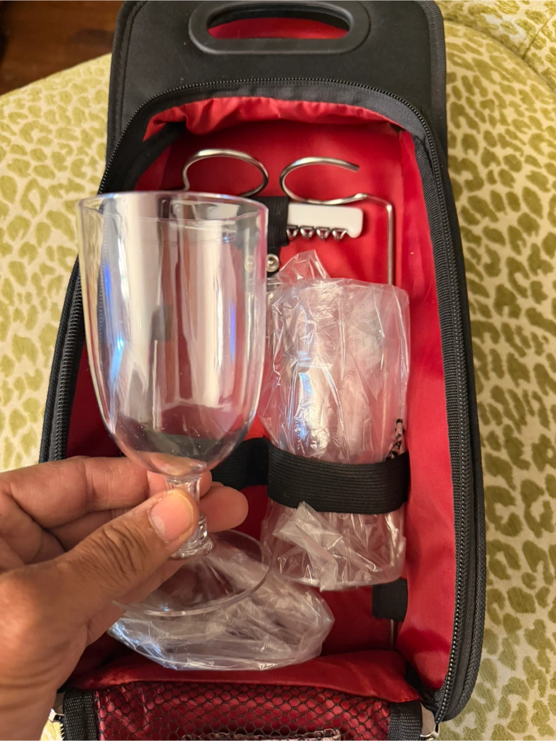 Black and Red Wine Tote Bag with 2 Glasses and Accessories