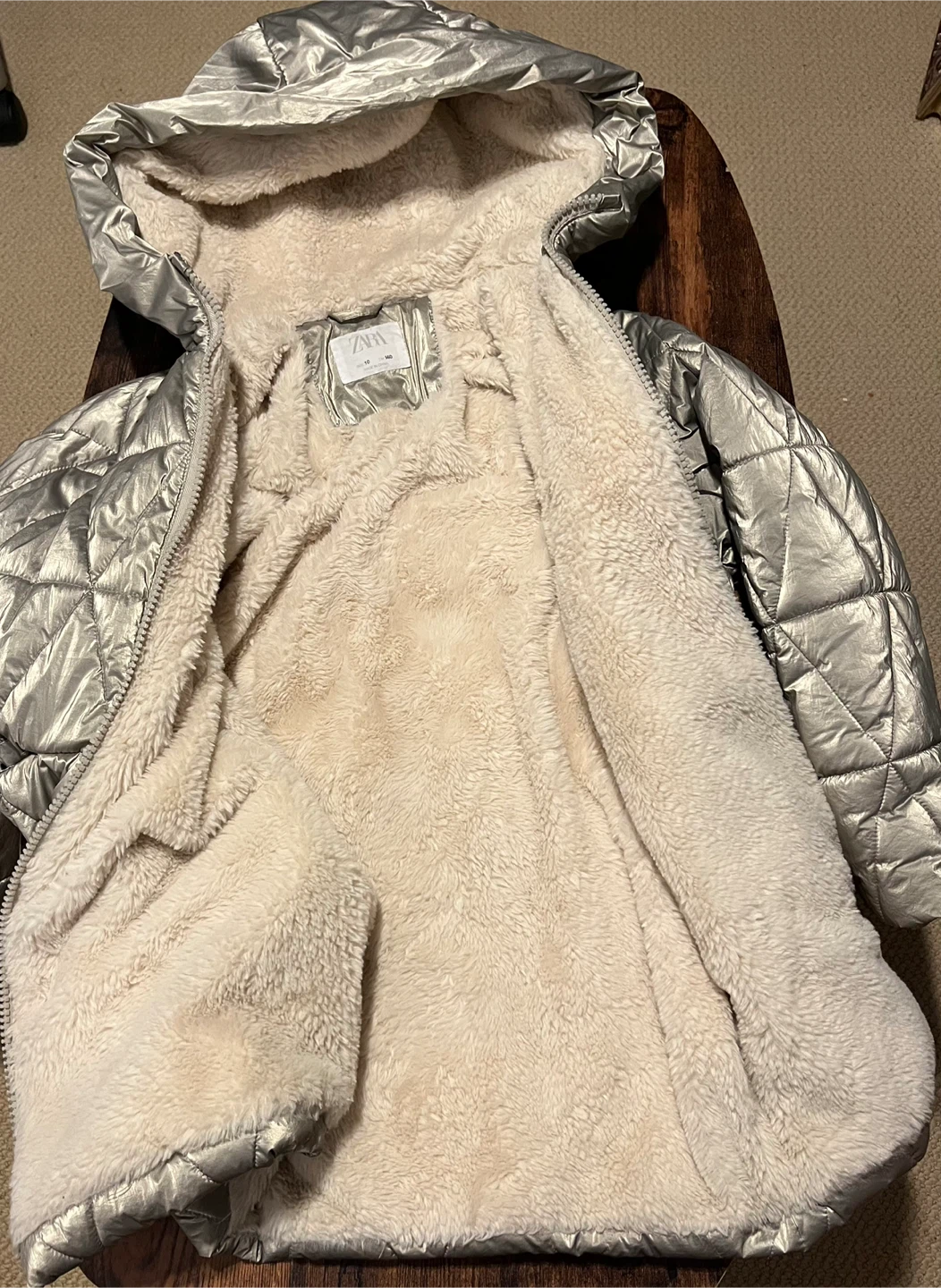 Zara Silver Puffer Jacket with Sherpa Lining - Size 10 - photo 4