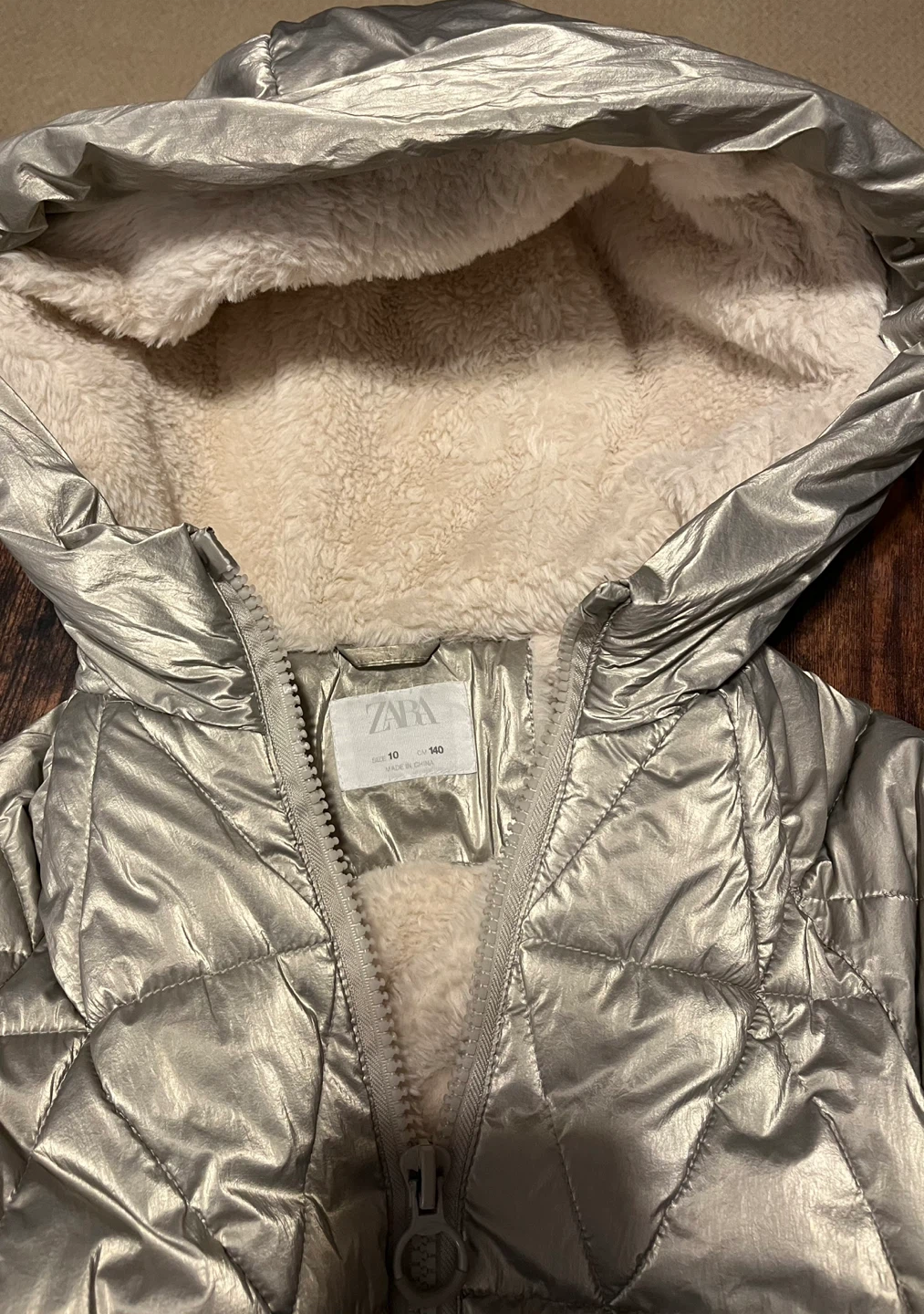 Zara Silver Puffer Jacket with Sherpa Lining - Size 10