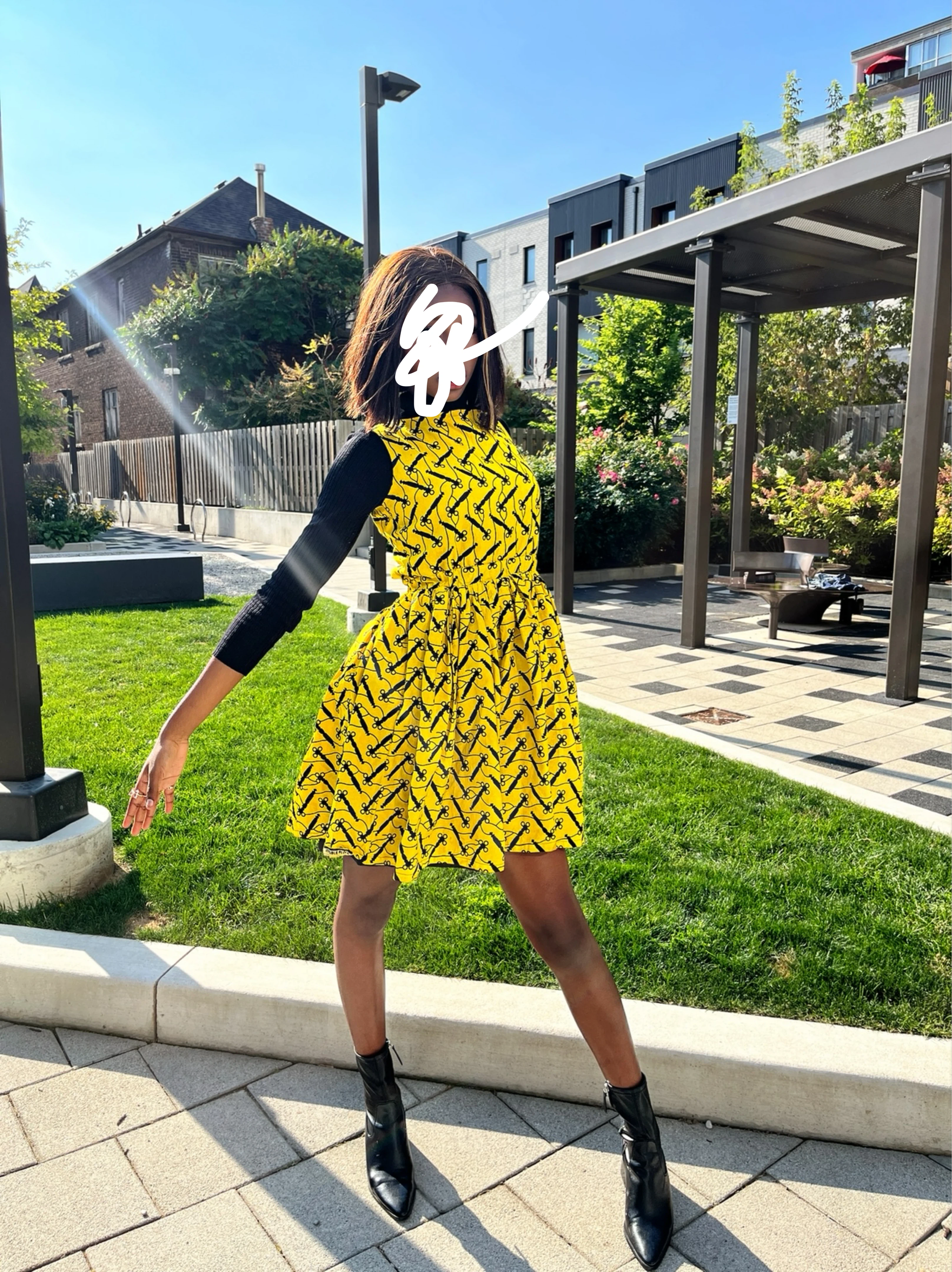 Yellow Sleeveless Dress with Black Pattern - photo 3