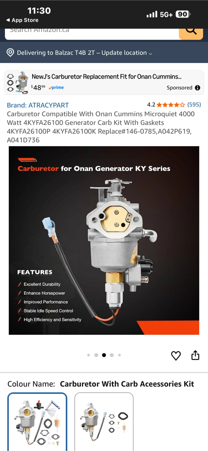 Carburetor Replacement Kit for Onan Cummins Microquiet 4000 - photo 2