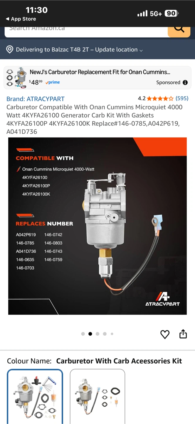 Carburetor Replacement Kit for Onan Cummins Microquiet 4000