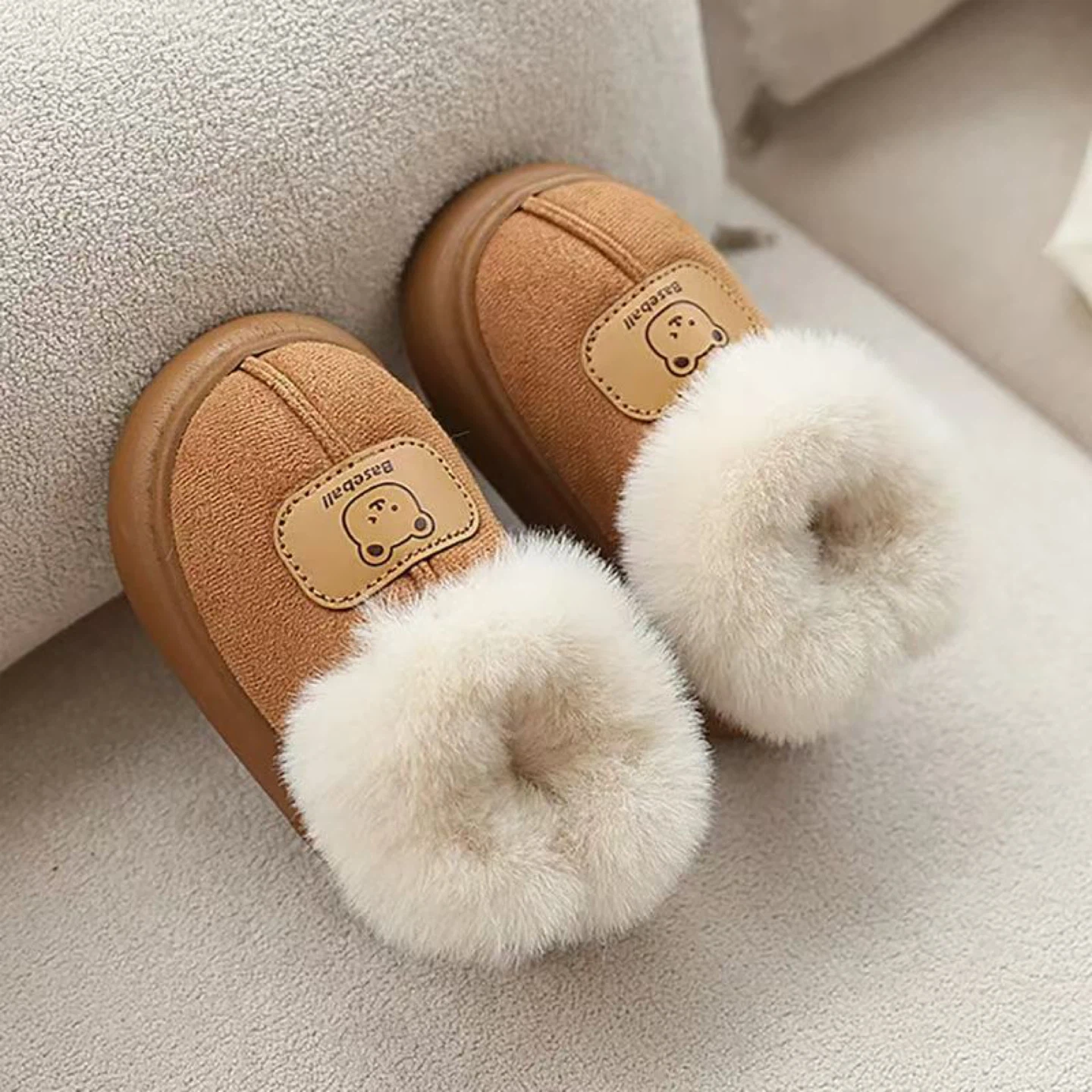 Brown Fuzzy Slippers with Bear Detail for kids, size 28-29