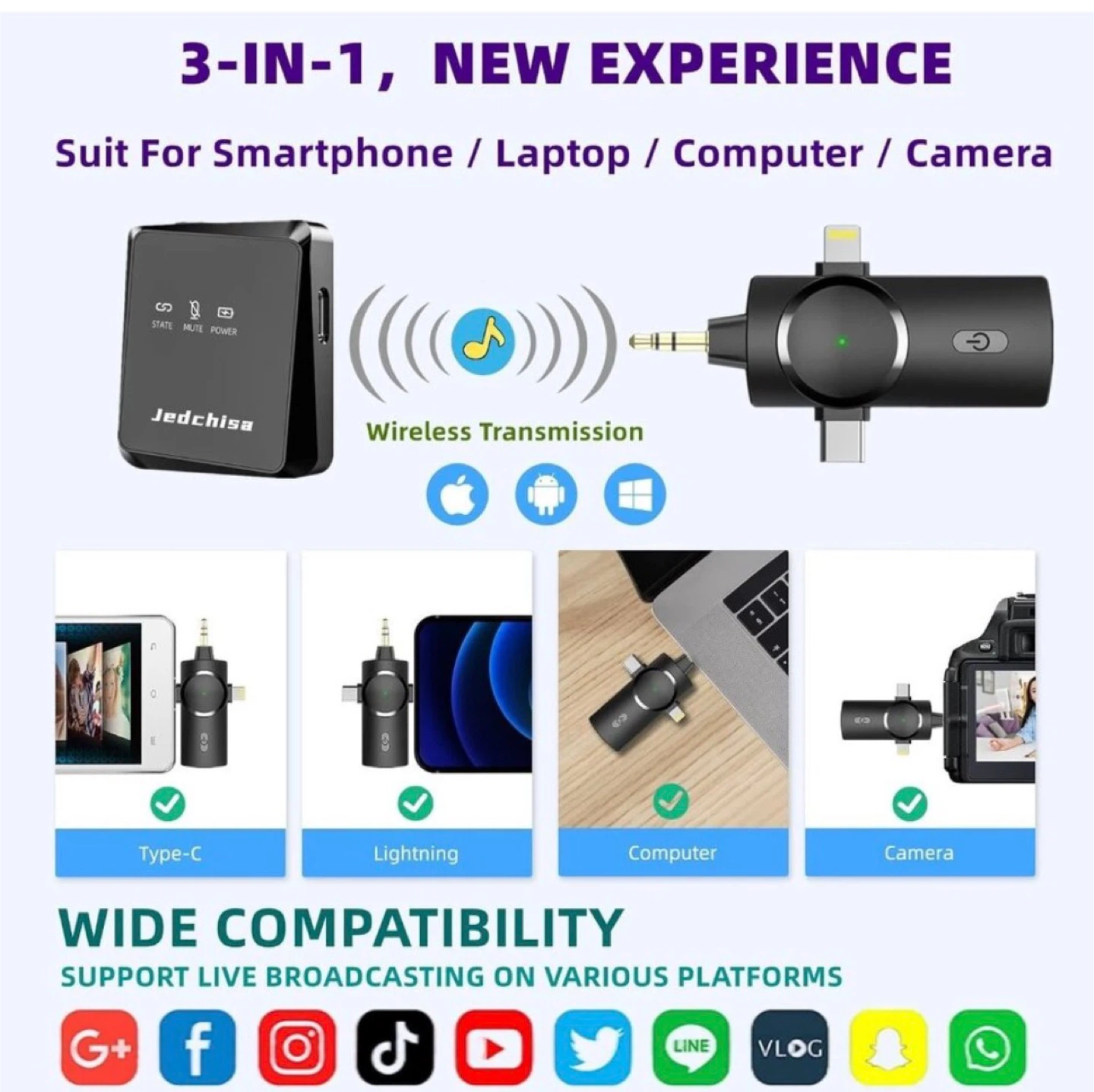 Jedchisa Wireless Lavalier Microphone 3-in-1 - photo 3