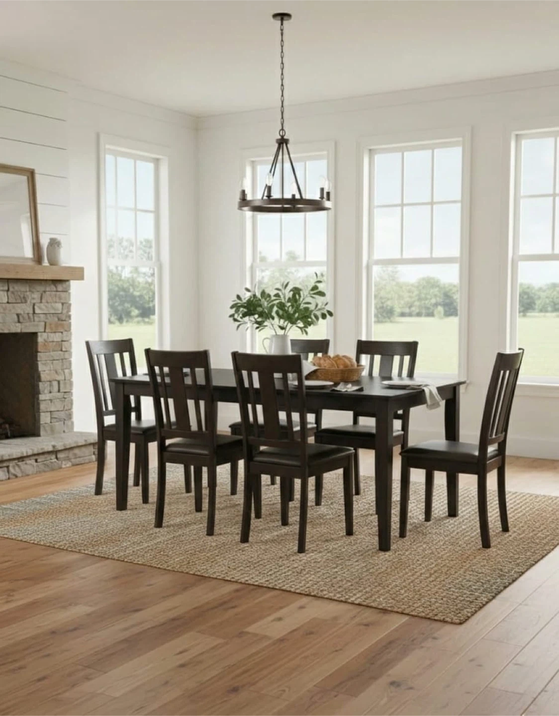 Dark Wood Dining Table Set with 6 Chairs