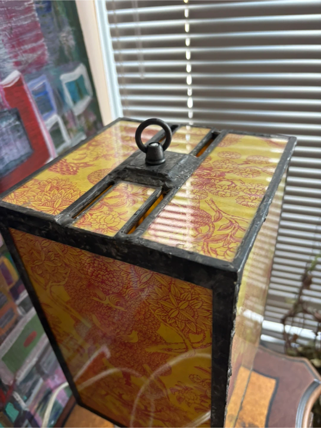‘70s Unique Stained Glass Bronze Table Lamp with Woodland Scene - photo 5