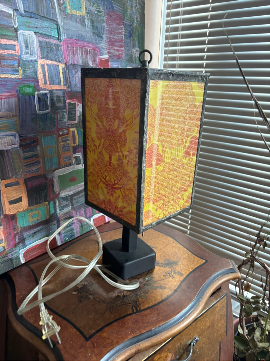 ‘70s Unique Stained Glass Bronze Table Lamp with Woodland Scene