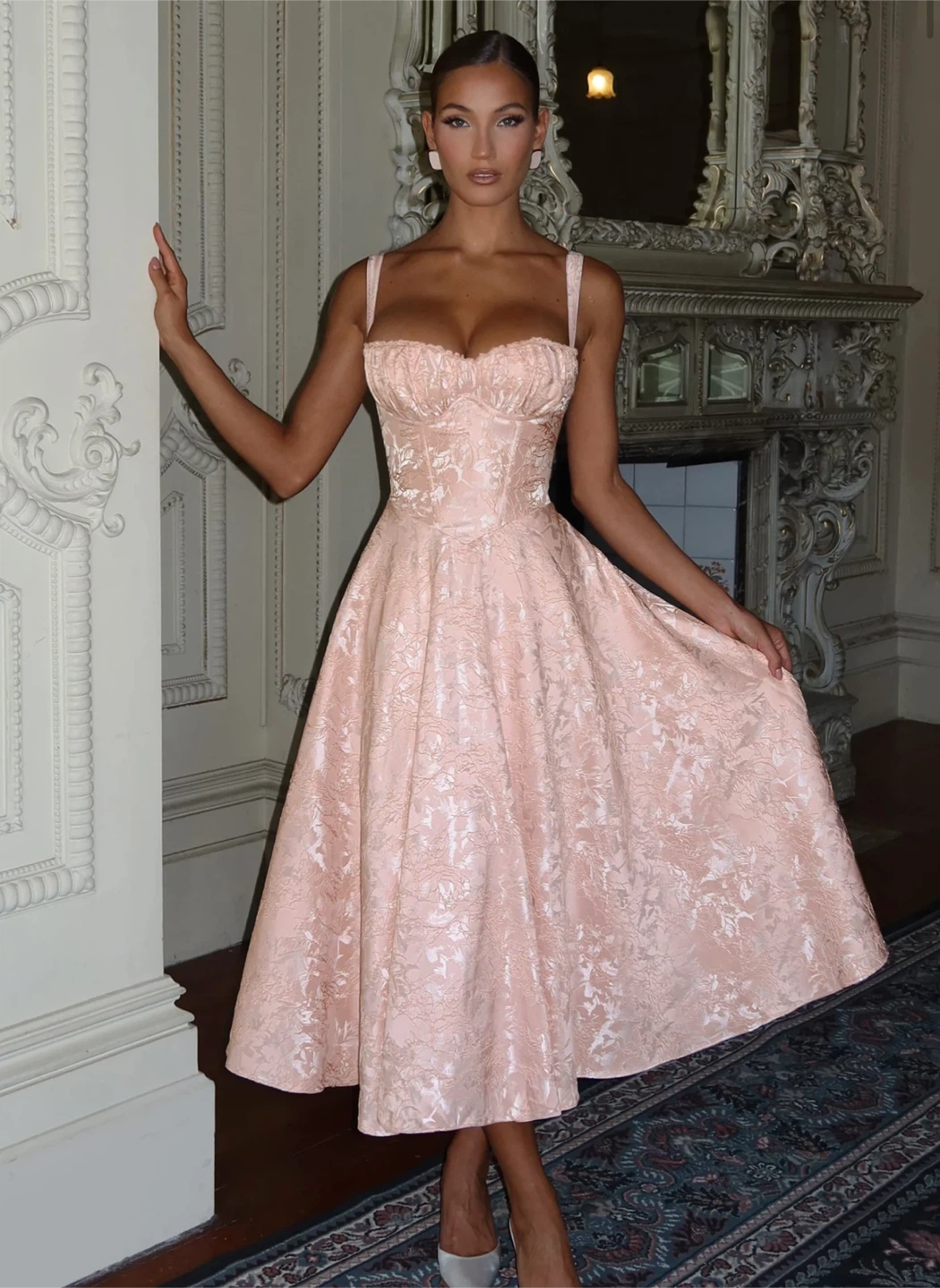 Pink Brocade Corset Midi Dress