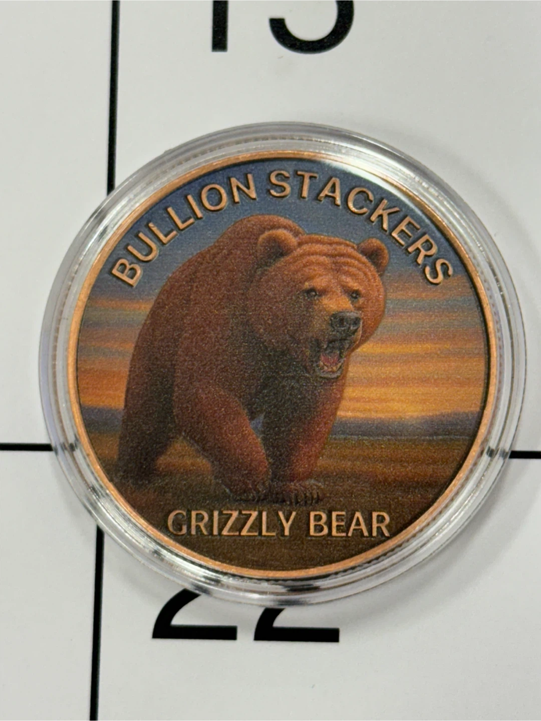 1 oz Copper Bullion Stackers Grizzly Bear round in Capsule