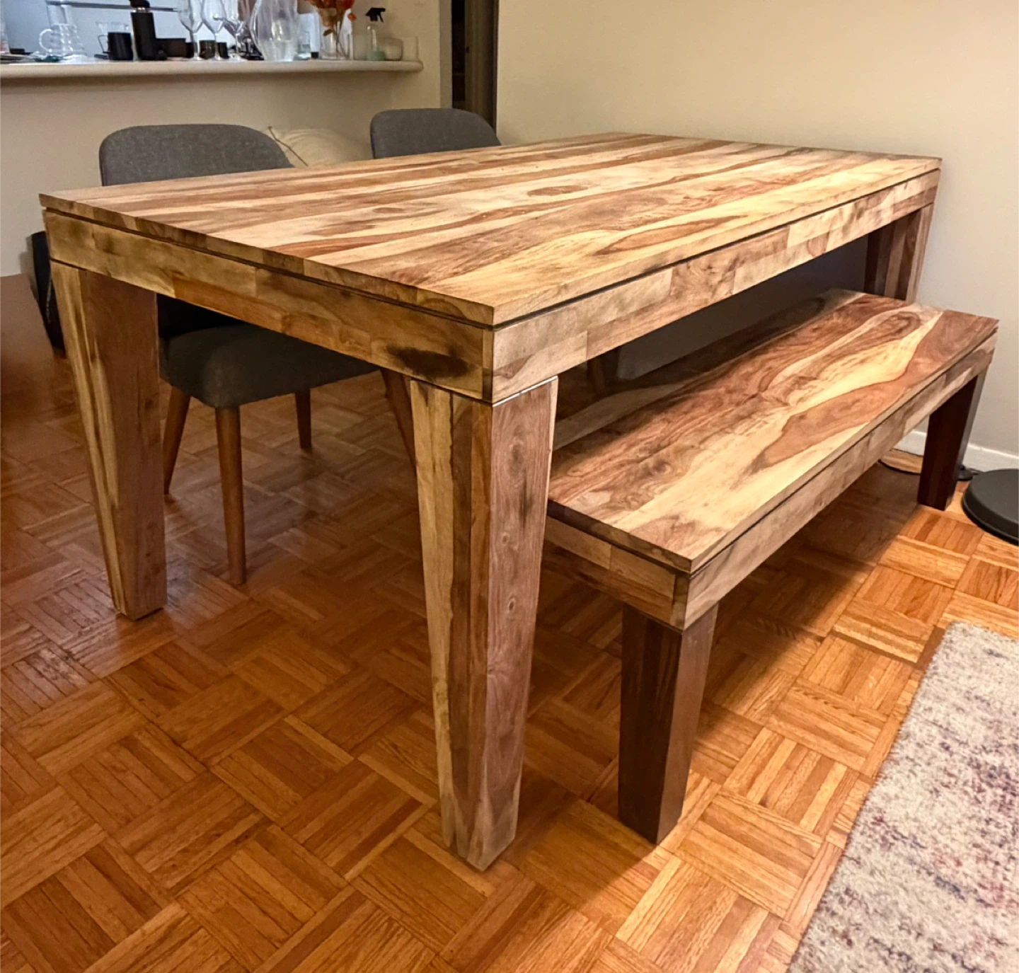 West Elm Solid Wood Dining Set – Table + Bench + 2 Chairs