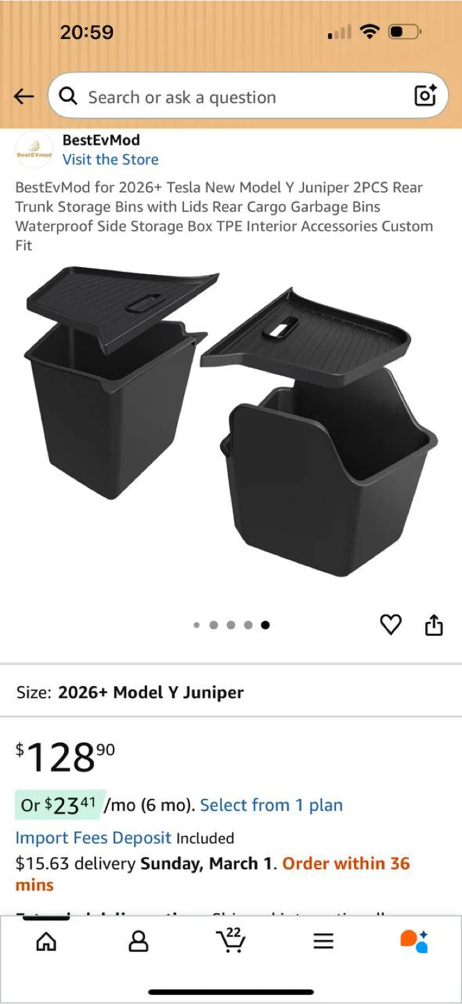 BestEvMod Rear Trunk Storage Bins w/ Lids for Tesla Model Y