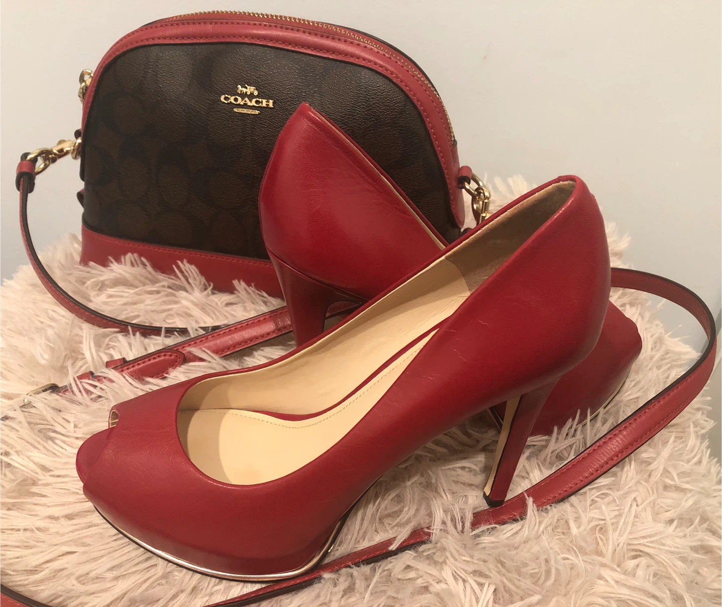 Coach Red Peep-Toe Heels and Monogram Bag