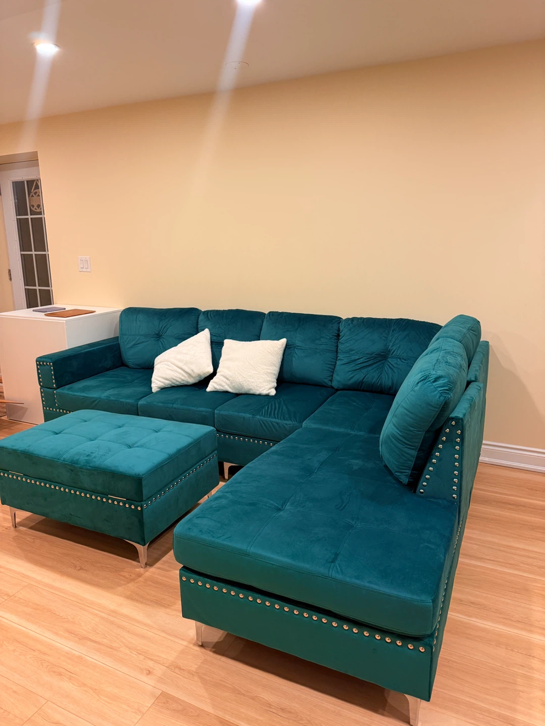 Teal Velvet Sectional Sofa with Ottoman
