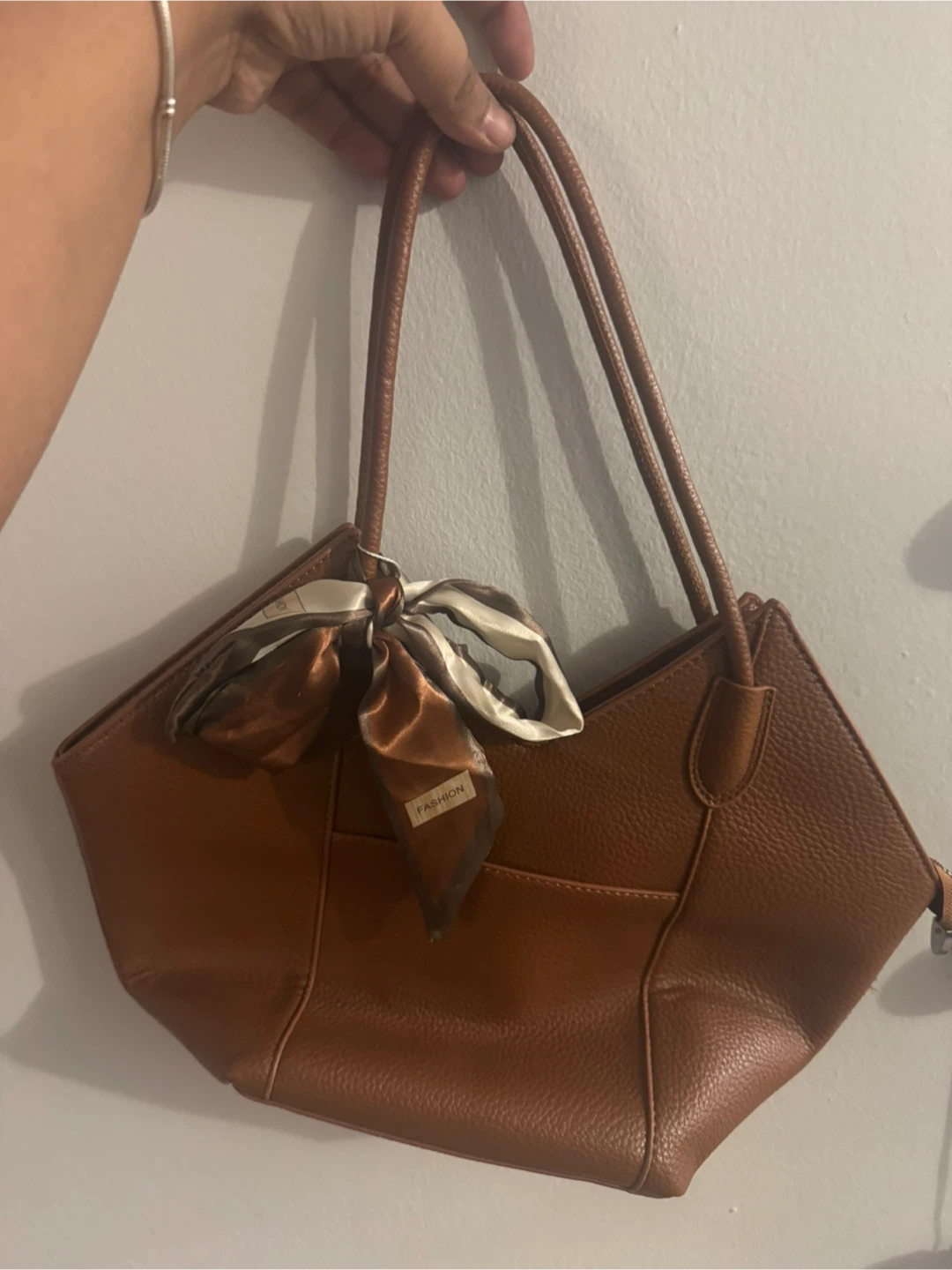 Brown Faux Leather Tote Bag with Scarf Accent