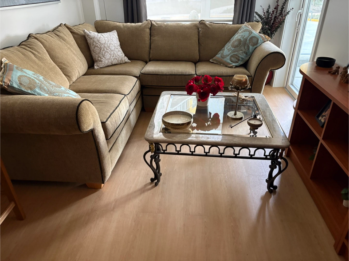 Square Glass Top Coffee Table with Ornate Metal Base