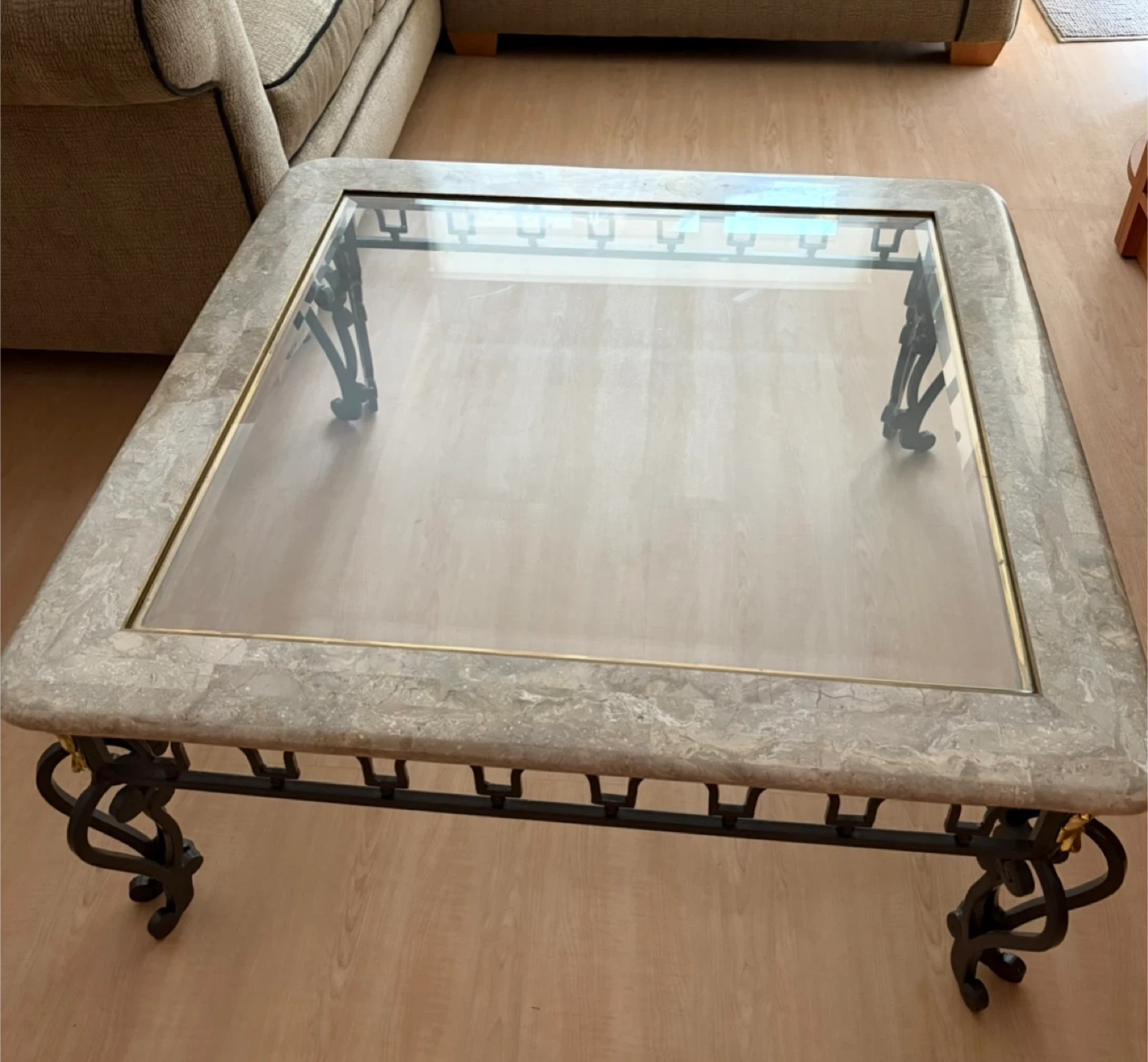 Square Glass Top Coffee Table with Ornate Metal Base - photo 2