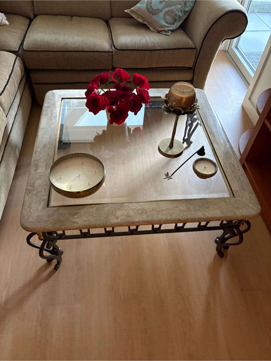 Square Glass Top Coffee Table with Ornate Metal Base - photo 5