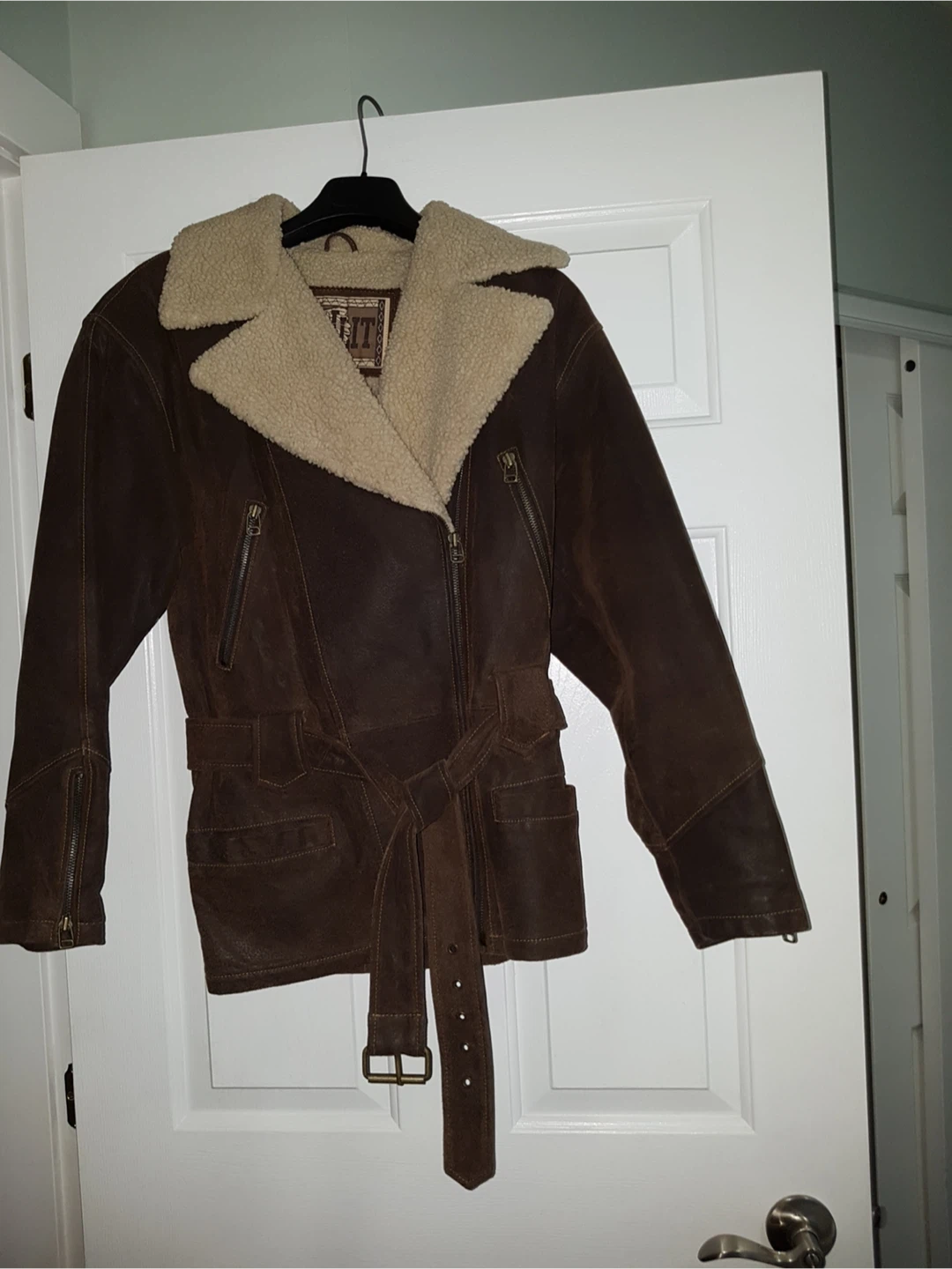 Brown Suede Jacket with Shearling Collar and Belt
